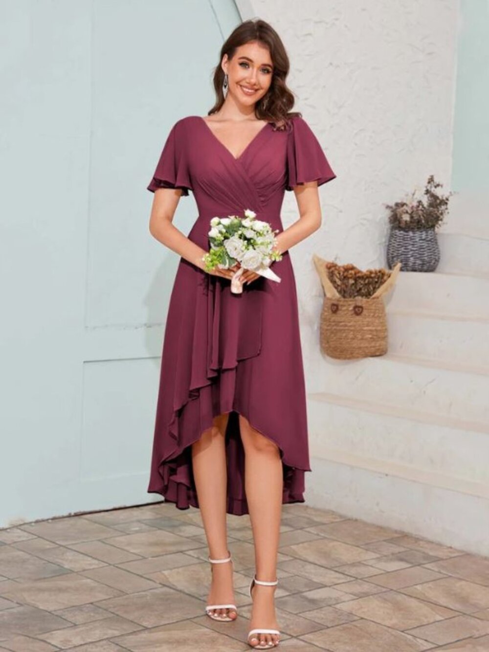 NEW Desert Rose High Low Bridesmaid Dress V Neck A Line Flutter Sleeve Ruched